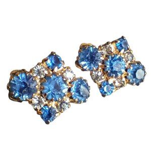 Vintage Gold-Tone Blue Rhinestone Clip-On Earrings 6/8"